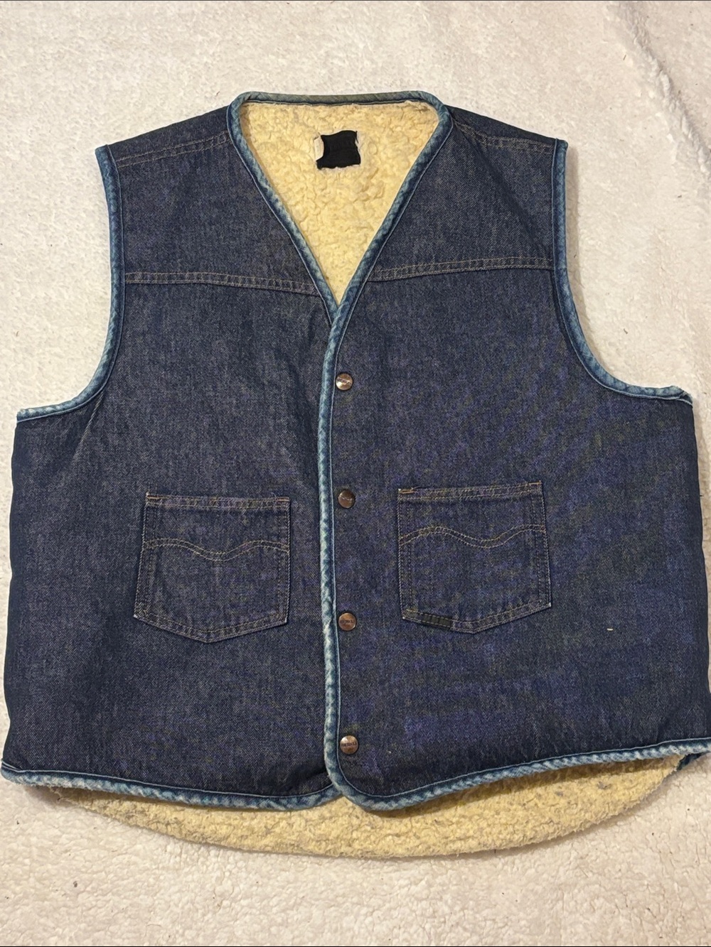 1970’s Sears Roebuck Men's Blue Denim Sherpa RancherVest with Cream Lining XLT
